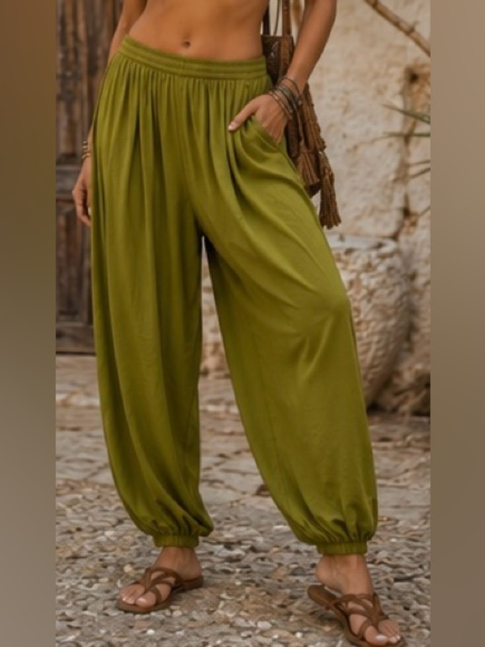 Rhea Olive Green Boho Harem Pants | Balloon Genie Lounge Festival Joggers